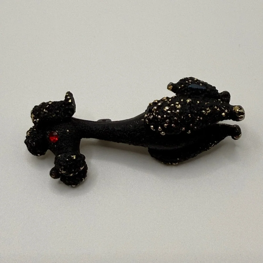 Mamselle Vintage Black Textured Poodle Brooch Gold Tone Red Rhinestone Eye Pin
